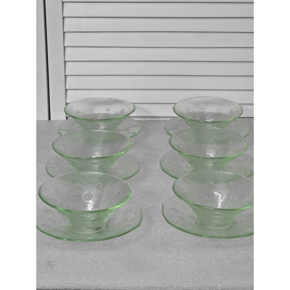 6 Sets Green Recycled Glass Bowls With Saucers Swirl Design EUC Vintage MCM